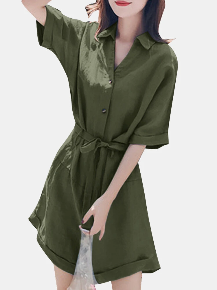 Solid Pocket Lapel Belt Button Front Short Sleeve Romper 1 Solid Pocket Lapel Belt Button Front Short Sleeve Romper