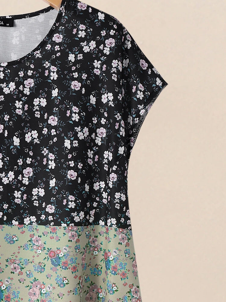 Women Ditsy Floral Print Patchwork Crew Neck Short Sleeve Dress 3 Women Ditsy Floral Print Patchwork Crew Neck Short Sleeve Dress - Image 3