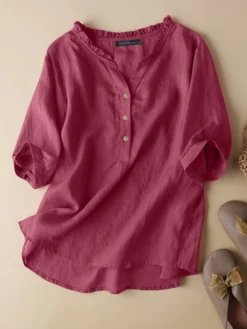 Women Plain Frill Neck Half Button Cotton 3/4 Sleeve Blouse -Zanzea Shop 40796beb 11ae 4673 bbc2 ae54093ce3e9