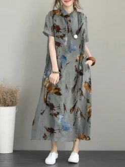 Flower Print Pocket Button Lapel Short Sleeve Casual Dress