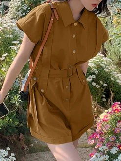 Solid Belt Button Front Pocket Short Sleeve Lapel Cargo Romper -Zanzea Shop 4086b338 98f0 40f9 884e f725c6f24c95