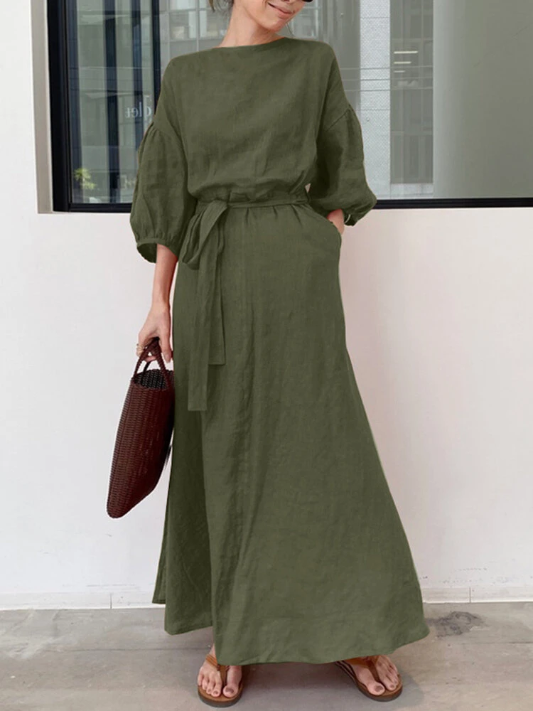 Solid Puff Sleeve Pocket Tie Crew Neck Maxi Vintage Dress 5 Solid Puff Sleeve Pocket Tie Crew Neck Maxi Vintage Dress - Image 5