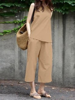 Women Solid Crew Neck Sleeveless Co-ords With Cropped Pants -Zanzea Shop 40d6415c 5aee 4f14 bcb0 d78448e3a7f0