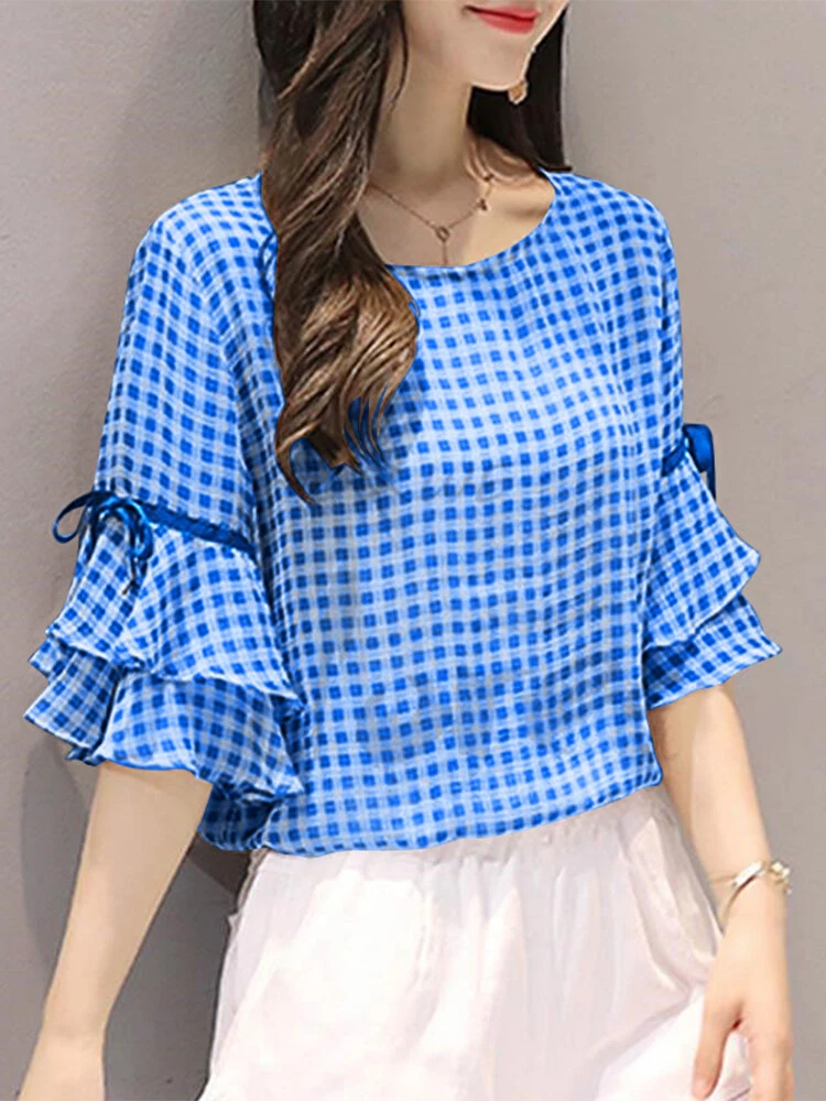 Plaid Knotted Patchwork Ruffle Sleeve Round Neck Blouse 6 Plaid Knotted Patchwork Ruffle Sleeve Round Neck Blouse - Image 6