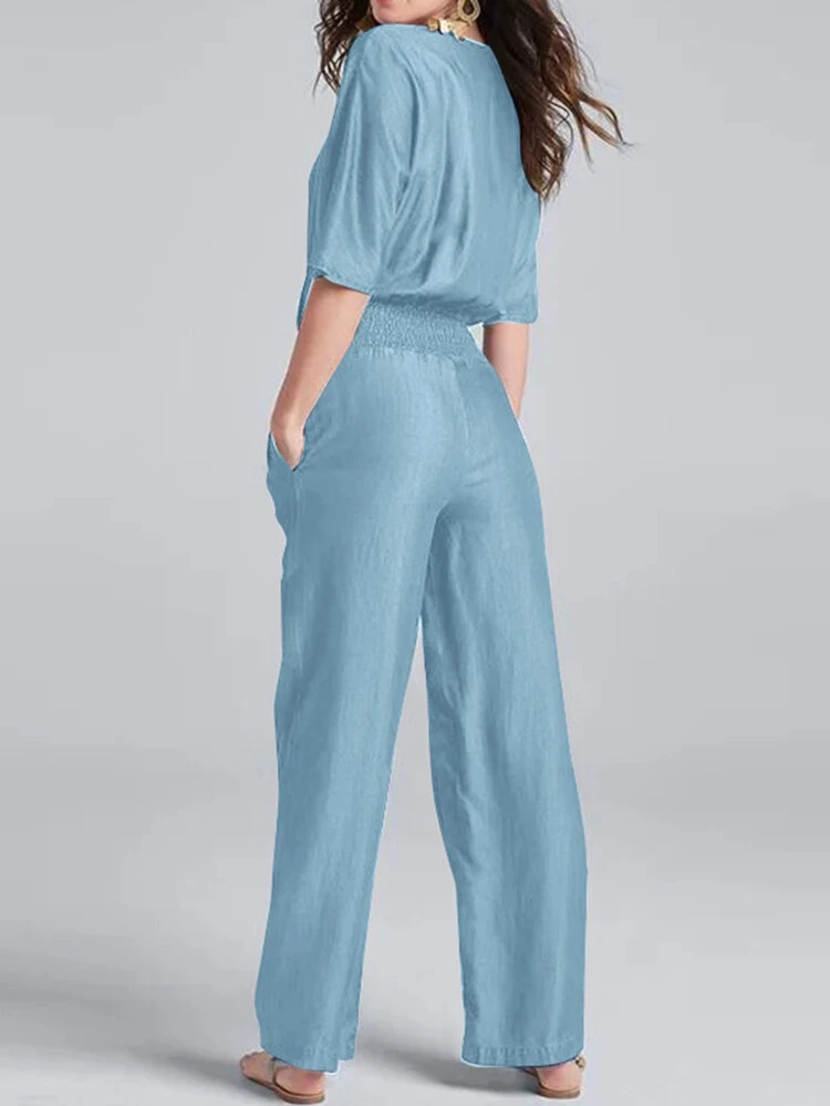 Women Solid V-Neck Shirred Waist Half Sleeve Denim Jumpsuit 3 Women Solid V-Neck Shirred Waist Half Sleeve Denim Jumpsuit - Image 3