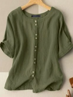 Solid Button Half Sleeve Round Neck Casual Cotton Blouse -Zanzea Shop 40fe1d45 c447 4ef7 9a5f 3fb0dab62bda