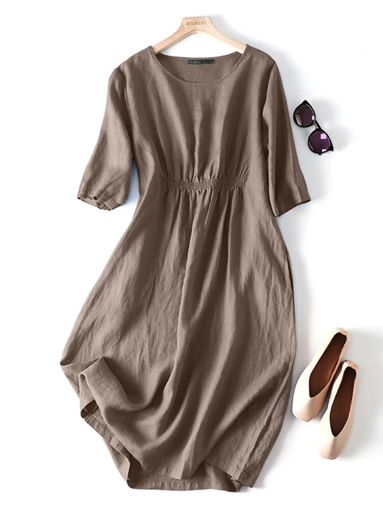 Solid Shirred Pocket Half Sleeve Crew Neck Dress 5 Solid Shirred Pocket Half Sleeve Crew Neck Dress - Image 5