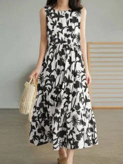 Plant Print Ruch Ruffle Hem Sleeveless Casual Print Dress