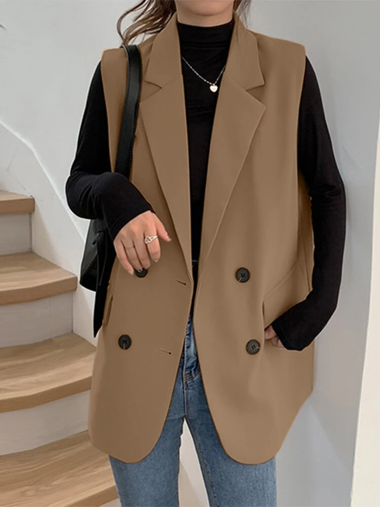 Solid Double Breasted Sleeveless Lapel Vest Blazer 1 Solid Double Breasted Sleeveless Lapel Vest Blazer