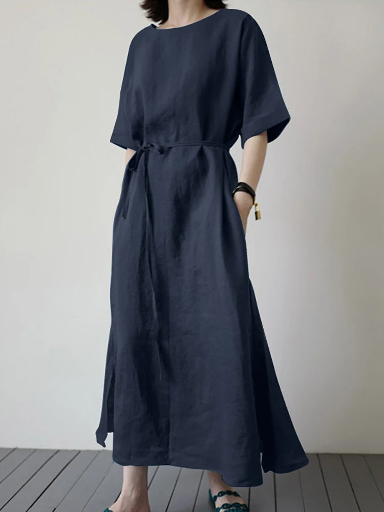 Solid Slit Pocket Half Sleeve Loose Dress With Belt 4 Solid Slit Pocket Half Sleeve Loose Dress With Belt - Image 4
