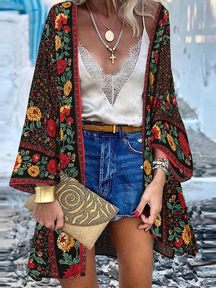 Bohemian Floral Print Loose Long Sleeve Kimono 4 Bohemian Floral Print Loose Long Sleeve Kimono - Image 4
