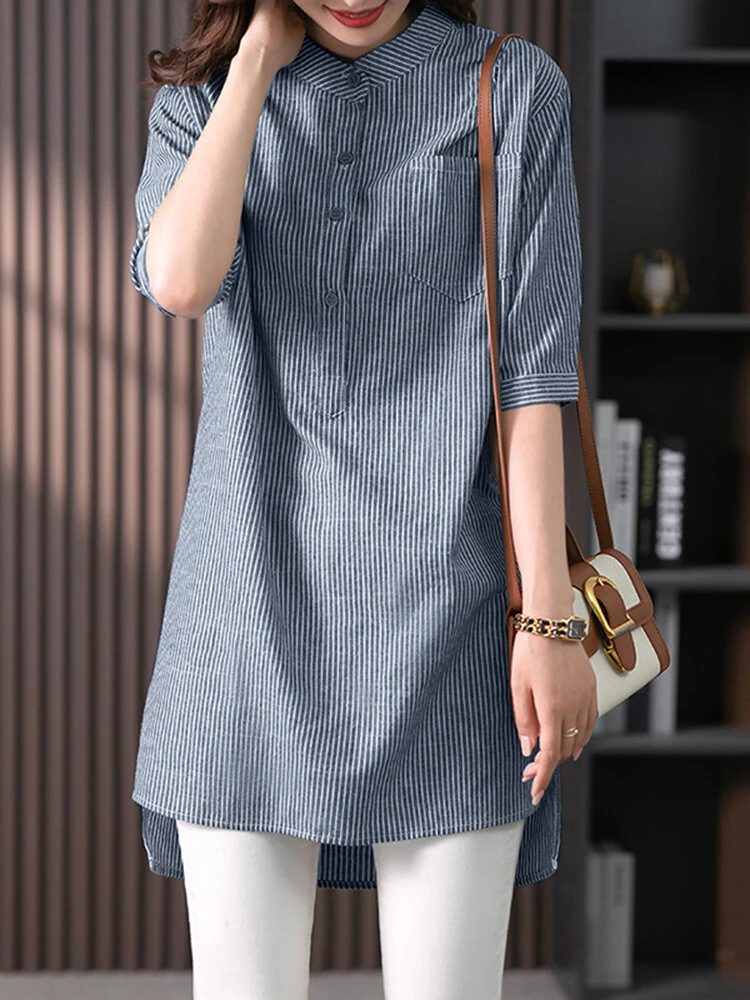 Striped Pattern Half Sleeve High-low Pocket Button Blouse 6 Striped Pattern Half Sleeve High-low Pocket Button Blouse - Image 6