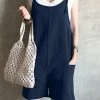 Solid Knotted Pocket Sleeveless Casual Cotton Romper