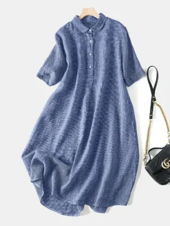 Check Print Pocket Button Front Lapel Short Sleeve Dress