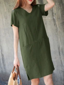 Solid Pocket Slit Hem V-neck Short Sleeve Vintage Dress 20 Solid Pocket Slit Hem V-neck Short Sleeve Vintage Dress -Zanzea Shop 420a2fc8 2480 4416 8861 2c17a9f14423