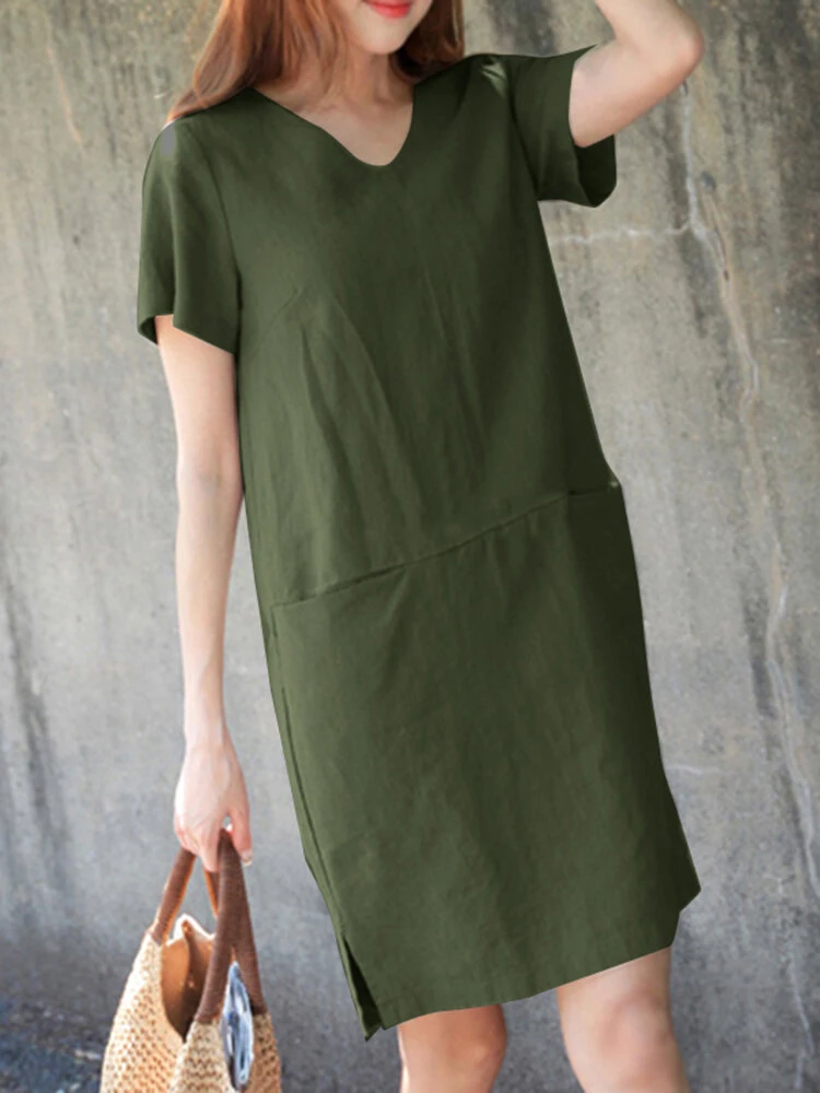 Solid Pocket Slit Hem V-neck Short Sleeve Vintage Dress 9 Solid Pocket Slit Hem V-neck Short Sleeve Vintage Dress - Image 9