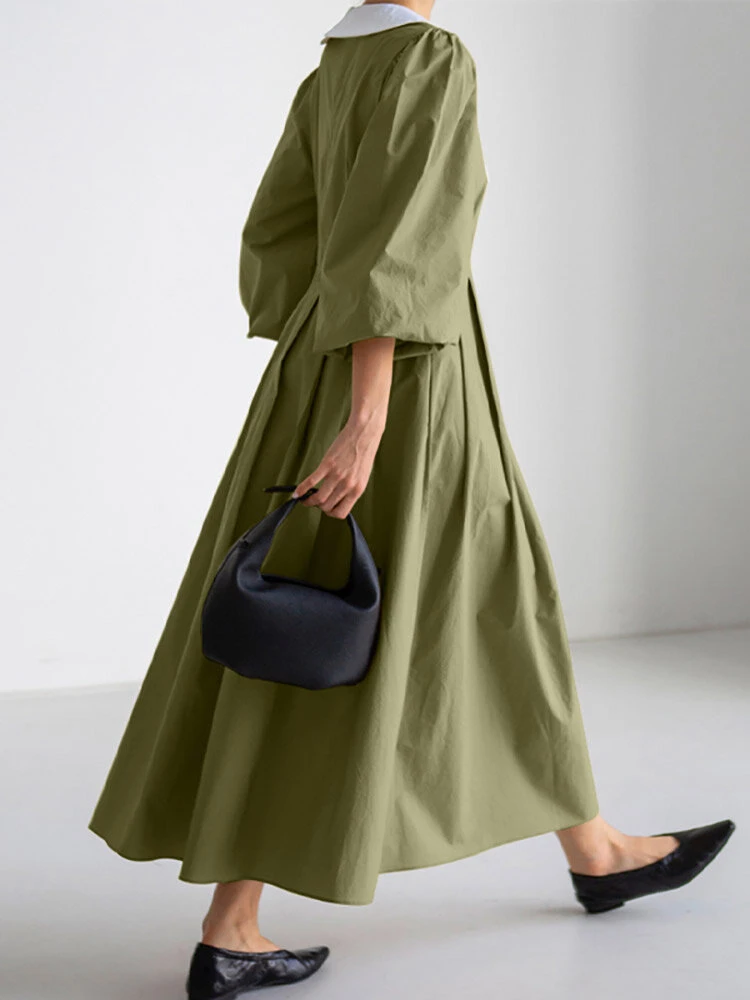 Contrast Collar Pleated Pocket Lantern Sleeve Maxi Dress 2 Contrast Collar Pleated Pocket Lantern Sleeve Maxi Dress - Image 2