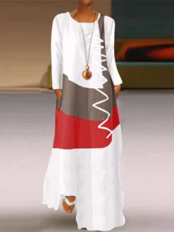 Print Patchwork Long Sleeve Plus Size Maxi Dress With Pockets