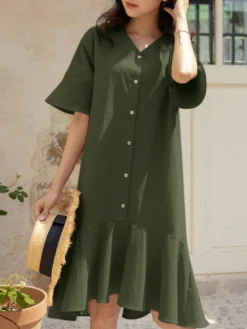 Women Solid Ruffle Sleeve V-neck Button Mermaid Dress -Zanzea Shop 424c5a87 a18a 4a16 ac38 6aa42488232a