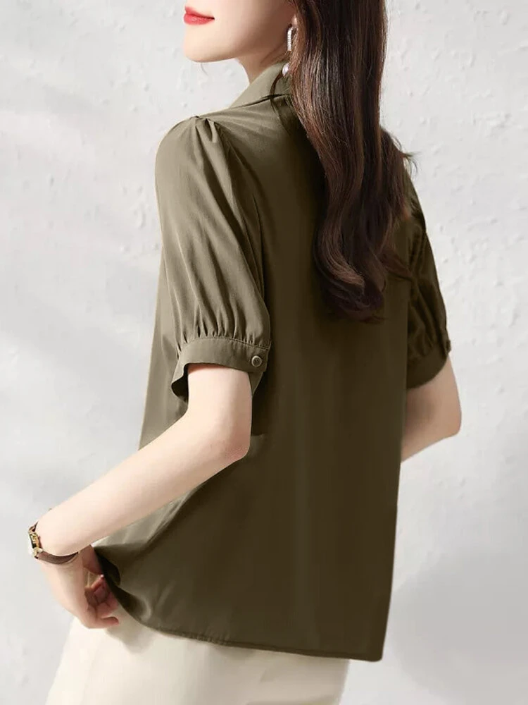 Women Solid Puff Sleeve Button Front Lapel Shirt 6 Women Solid Puff Sleeve Button Front Lapel Shirt - Image 6