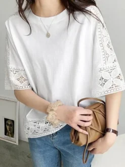 Lace Hollow Stitch Half Sleeve Crew Neck Loose Blouse
