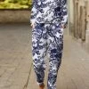 Plants Print Pocket Tie Front Elastic Waist Long Sleeve Suit
