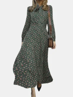 Floral Printed Bowknot Side Invisibled Zipper Long Sleeve Casual Dress