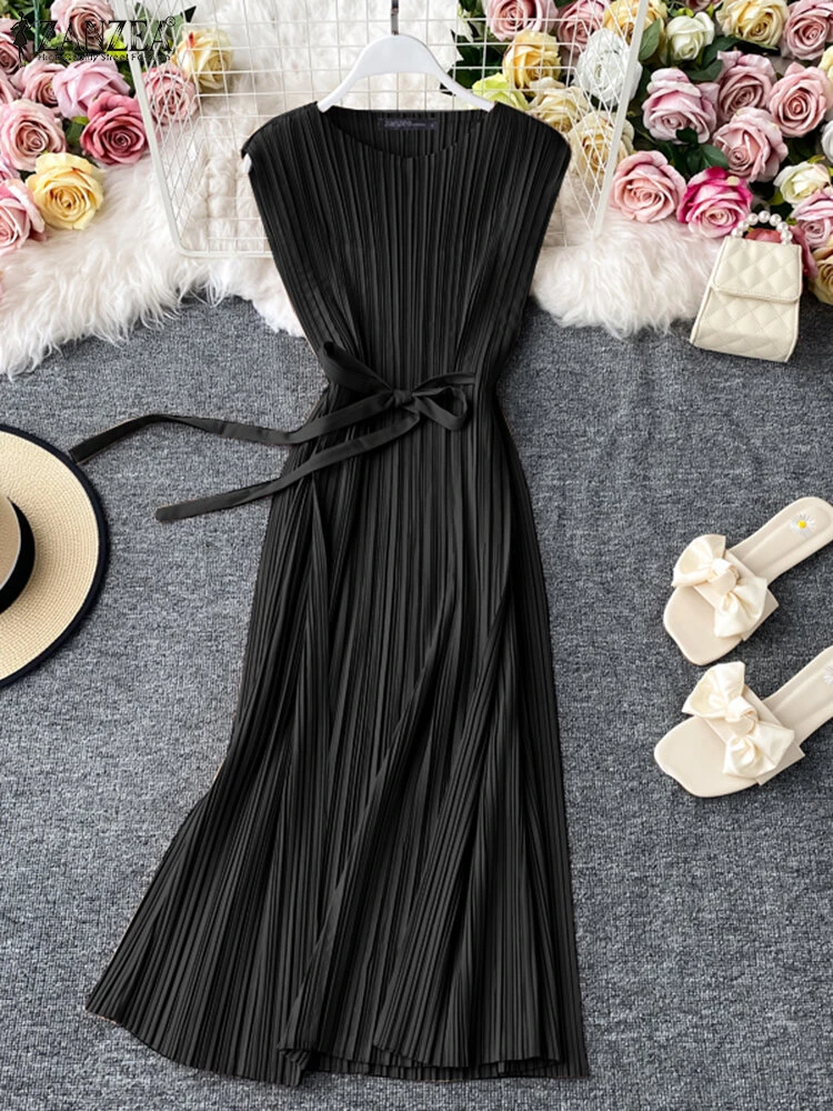 Solid Pleated Sleeveless Crew Neck Casual Dress With Belt 2 Solid Pleated Sleeveless Crew Neck Casual Dress With Belt - Image 2