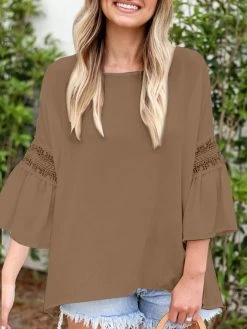 Solid Lace Panel Ruffle Sleeve Crew Neck Blouse 7 Solid Lace Panel Ruffle Sleeve Crew Neck Blouse -Zanzea Shop 431c7a06 42a8 4d33 aecf 3c97e491e790