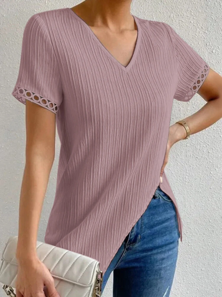 Women Plain Texture V-Neck Irregular Hem Hollow Sleeve T-Shirt 6 Women Plain Texture V-Neck Irregular Hem Hollow Sleeve T-Shirt - Image 6