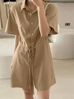 Solid Pocket Drawstring Waist Button Lapel Short Sleeve Romper -Zanzea Shop 43348066 6d8c 4914 b8a0 90f2d0e804c8