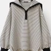 Stripe Pattern Half Placket Button Sailor Collar Loose T-shirt