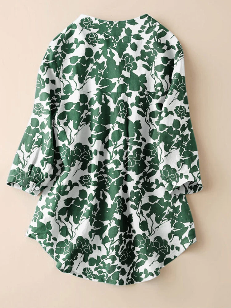 Allover Plants Print Pocket 3/4 Sleeve Stand Collar Blouse 4 Allover Plants Print Pocket 3/4 Sleeve Stand Collar Blouse - Image 4