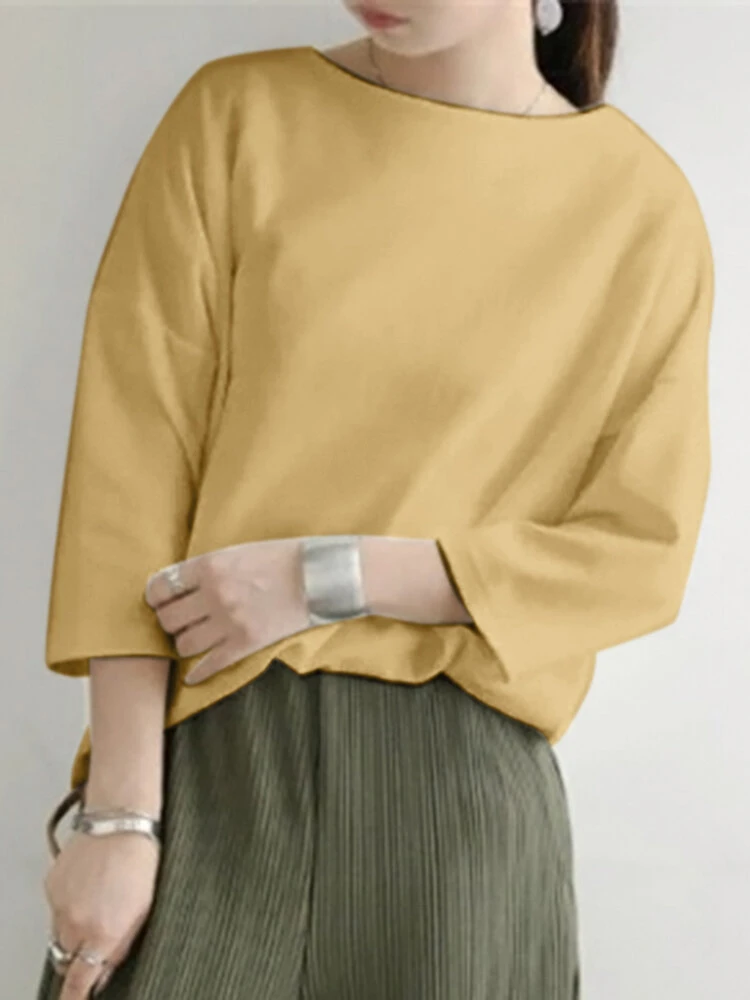 Solid Drop Shoulder 3/4 Sleeve Crew Neck Casual Loose T-shirt 11 Solid Drop Shoulder 3/4 Sleeve Crew Neck Casual Loose T-shirt - Image 11