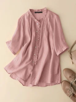 Women Solid Frill Trim Button Front Cotton 3/4 Sleeve Shirt