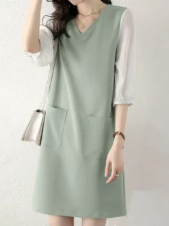 Contrast Dual Pocket 3/4 Sleeve V-neck Casual Dress -Zanzea Shop 4456afa8 6787 4da0 93d0 efaa7258d42f