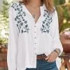 Floral Embroidery Button Long Sleeve Casual Blouse