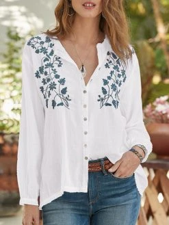 Floral Embroidery Button Long Sleeve Casual Blouse