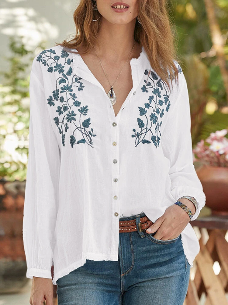 Floral Embroidery Button Long Sleeve Casual Blouse 1 Floral Embroidery Button Long Sleeve Casual Blouse