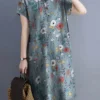 Flower Abstract Painted Print Button Pocket Lapel Midi Dress