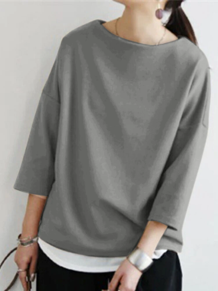 Solid Drop Shoulder 3/4 Sleeve Crew Neck Casual Loose T-shirt 5 Solid Drop Shoulder 3/4 Sleeve Crew Neck Casual Loose T-shirt - Image 5