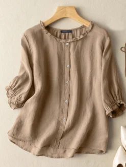 Lettuce Edge Crew Neck Solid Button 3/4 Sleeve Blouse -Zanzea Shop 447243a9 a629 41f9 848a 5444e6f25618