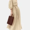 Solid Puff Sleeve Pocket Tie Crew Neck Maxi Vintage Dress