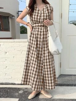 Check Print Button V-neck Short Sleeve Belt Maxi Dress -Zanzea Shop 44aca52b 6897 4d41 ad9f 095e36282060