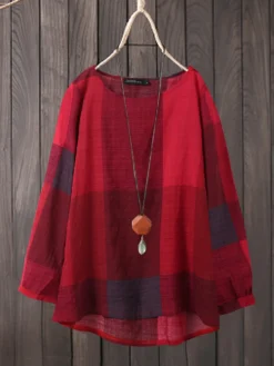 Plaid Print O-neck Long Sleeve Asymmetrical Blouse For Women -Zanzea Shop 4501e434 75c6 4f6c a802 827a603f5325