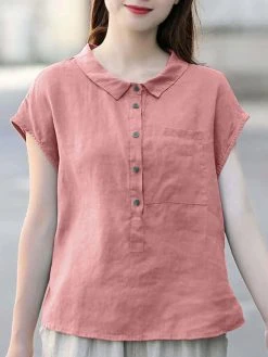 Solid Cotton Button Front Pocket Lapel Short Sleeve Blouse -Zanzea Shop 450a5dfc f075 458b 8c80 743769e9de1a