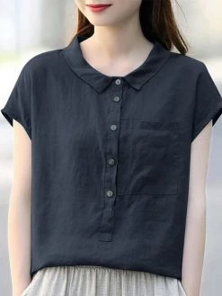 Solid Cotton Button Front Pocket Lapel Short Sleeve Blouse -Zanzea Shop 45370168 32f4 4231 b380 f7e6e3582ead