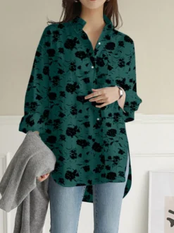 Women Allover Rose Print Lapel High-Low Hem Long Sleeve Shirt -Zanzea Shop 45406a1c 7475 4d03 995b f29ac925dc1c