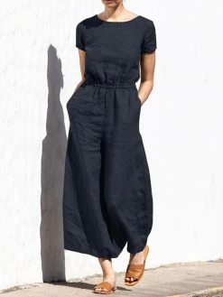Solid Color Short Sleeve O-neck Cotton Wide Leg Jumpsuit