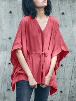 Solid Loose Drawstring Waist V-neck Dolman Sleeve Blouse -Zanzea Shop 4586bfc1 405f 432b 8ba1 c17e0d8888c9